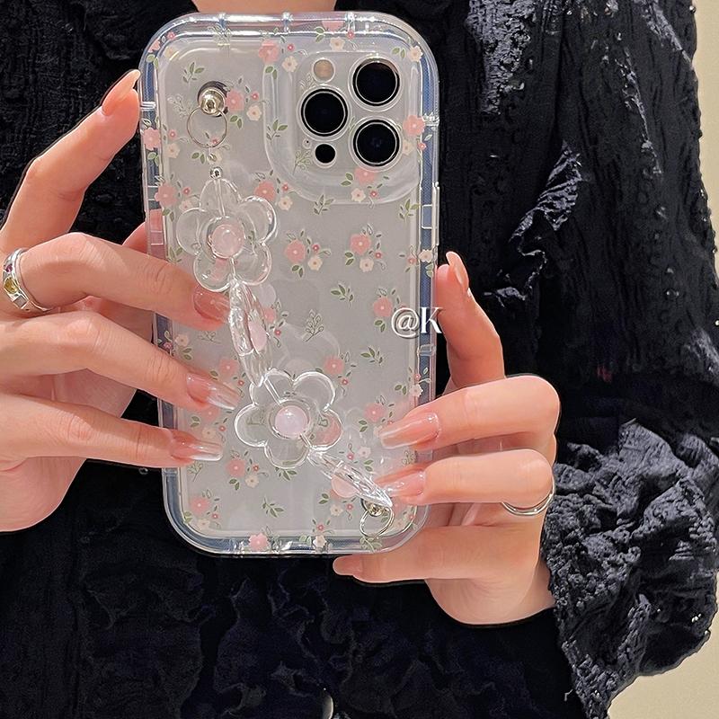 Cute 3D Flower Wrist Phone Chain Soft Phone Case For Iphone 15 14 12 13 11 Pro Max Plus Pink Flower Clear Lens Protective Cover