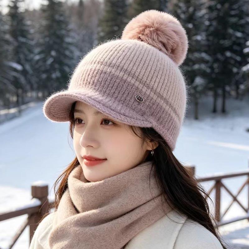 Women S Knitted Baseball Cap With Pom Pom Warm Ear Flaps Autumn Winter