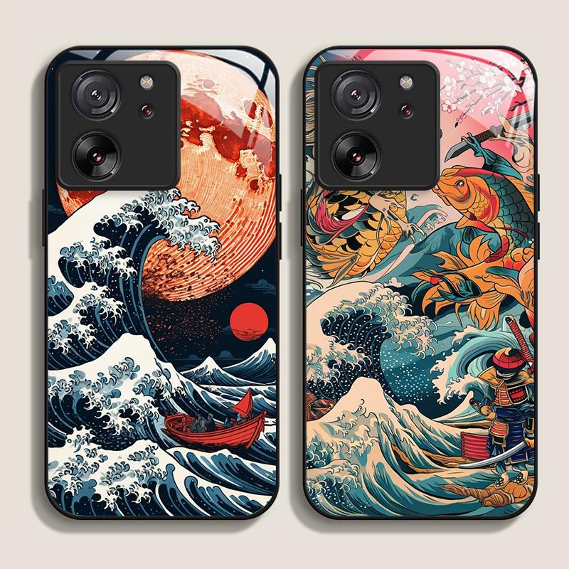 Закаленное Стекло Чехол для Телефона для Motorola Moto G85 G84 G75 G55 Edge 50 Fusion 40 Neo 30 Pro Японская Древняя Структура Волны Чехол