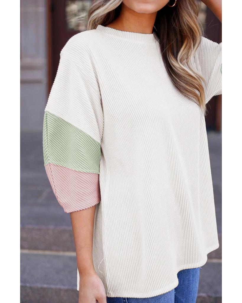Azura Exchange White Color Block Ribbed Knit Quarter Sleeve Top