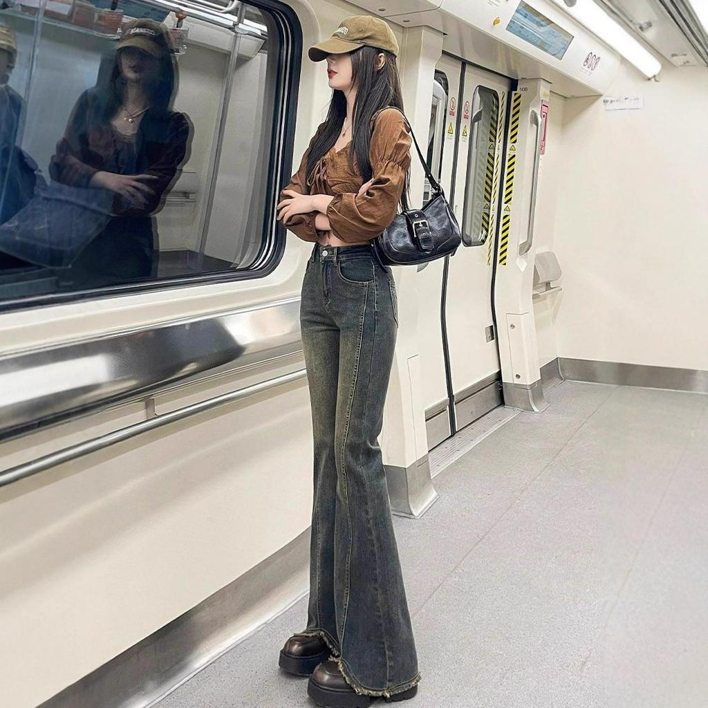 Comfortable Large Size Old Do Old Burlap Micro Flare Jeans Women Spring High-waisted Slim Dragging Floor Skinny Horseshoe Trousers Long Denim Pants