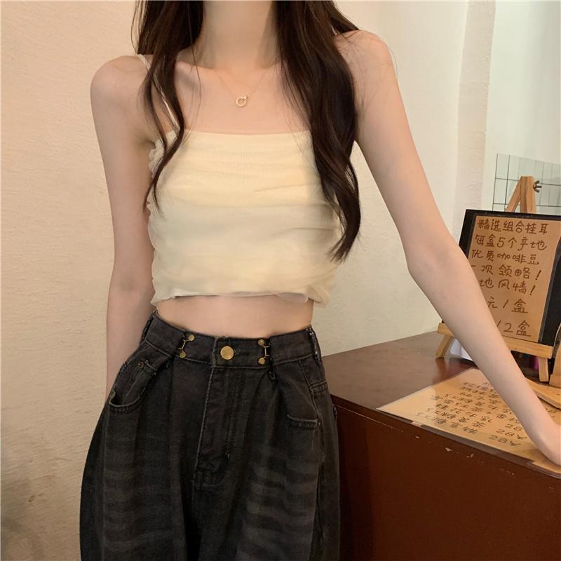 Белая сетчатая майка на подтяжках для женщин, летняя, короткая, облегающая, без бретелек