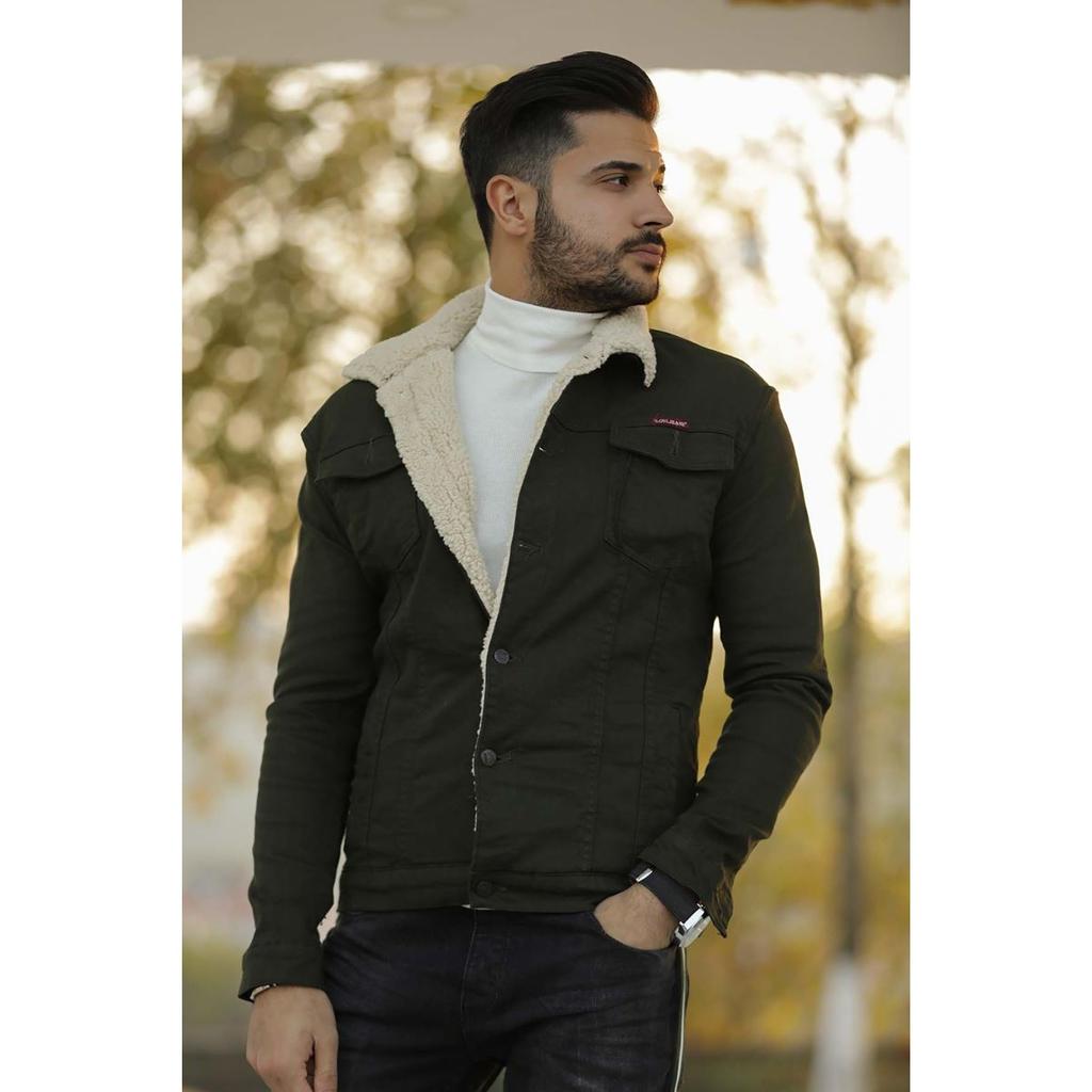 Мужская джинсовая куртка цвета хаки с мехом внутри