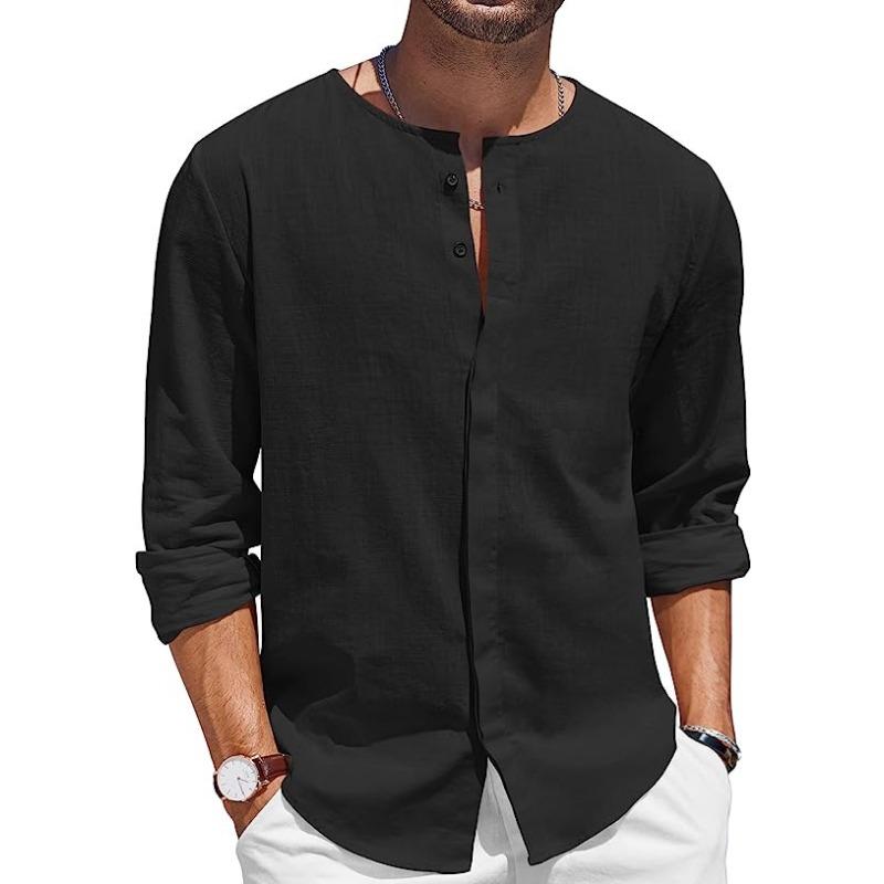 Foreign Trade Men's Cotton and Linen Shirt Long-sleeved T-shirt Button-neck Casual Beach Shirt