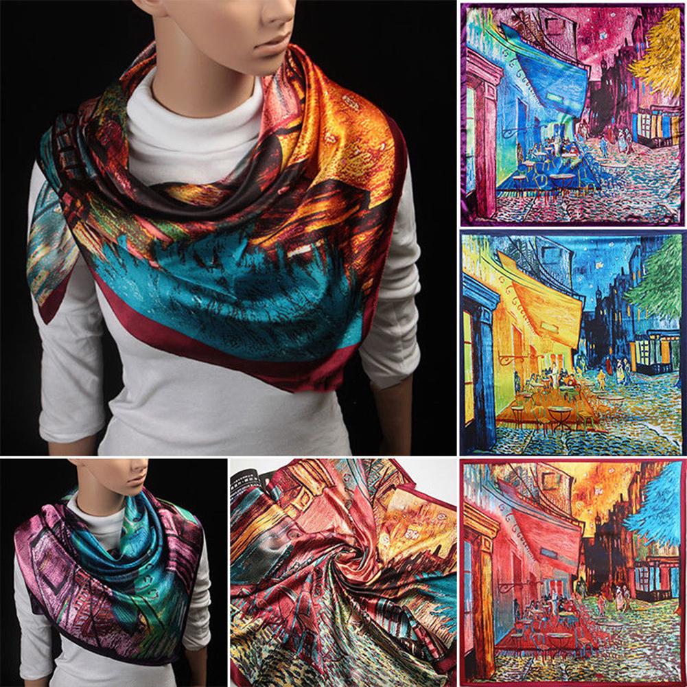 Fashion Scarf Women's Oil Painting Printed Large Silk Satin Square Scarf