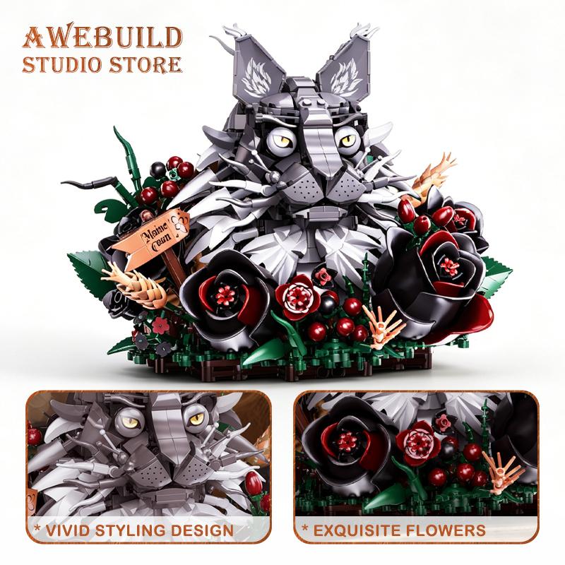 1056Pcs Creative Flower Cat Building Blocks Toy Pussy Rose MOC Bricks Home Decor Cute Animal Bouquet Assembly Model DIY Gift NEW