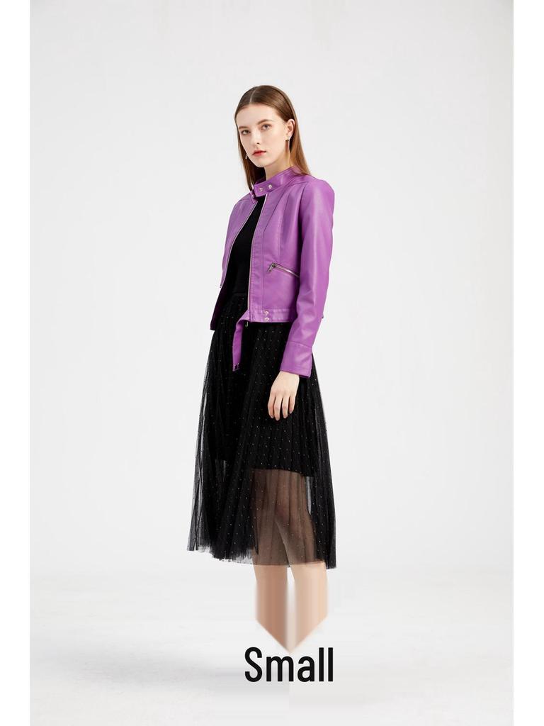 Женская кожаная куртка со стойкой воротником 2021 года - Короткая, легкая и идеальная для весны/осени