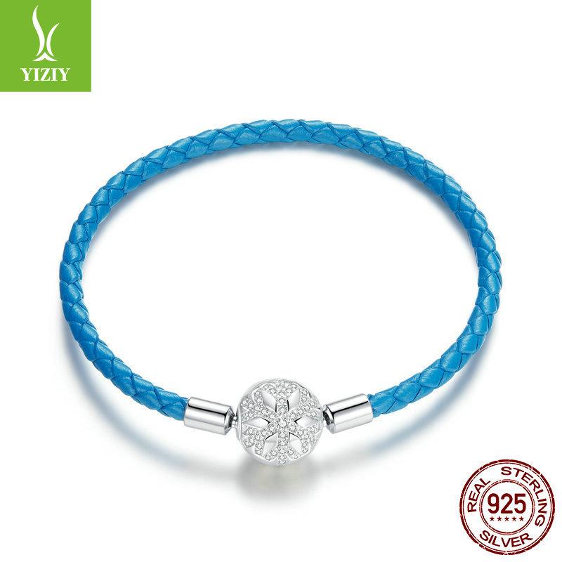 Новый браслет из серебра 925 пробы с синим кожаным шнурком, базовая одинарная цепочка, плетеный браслет из ПУ кожи, ювелирное изделие Scb196
