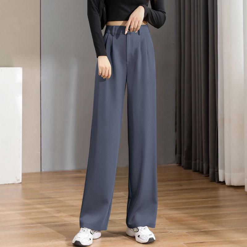 Женские прямые брюки с широкими штанинами и высокой посадкой - Весна/Осень, Стройнящие, Очень длинные, Драпирующиеся