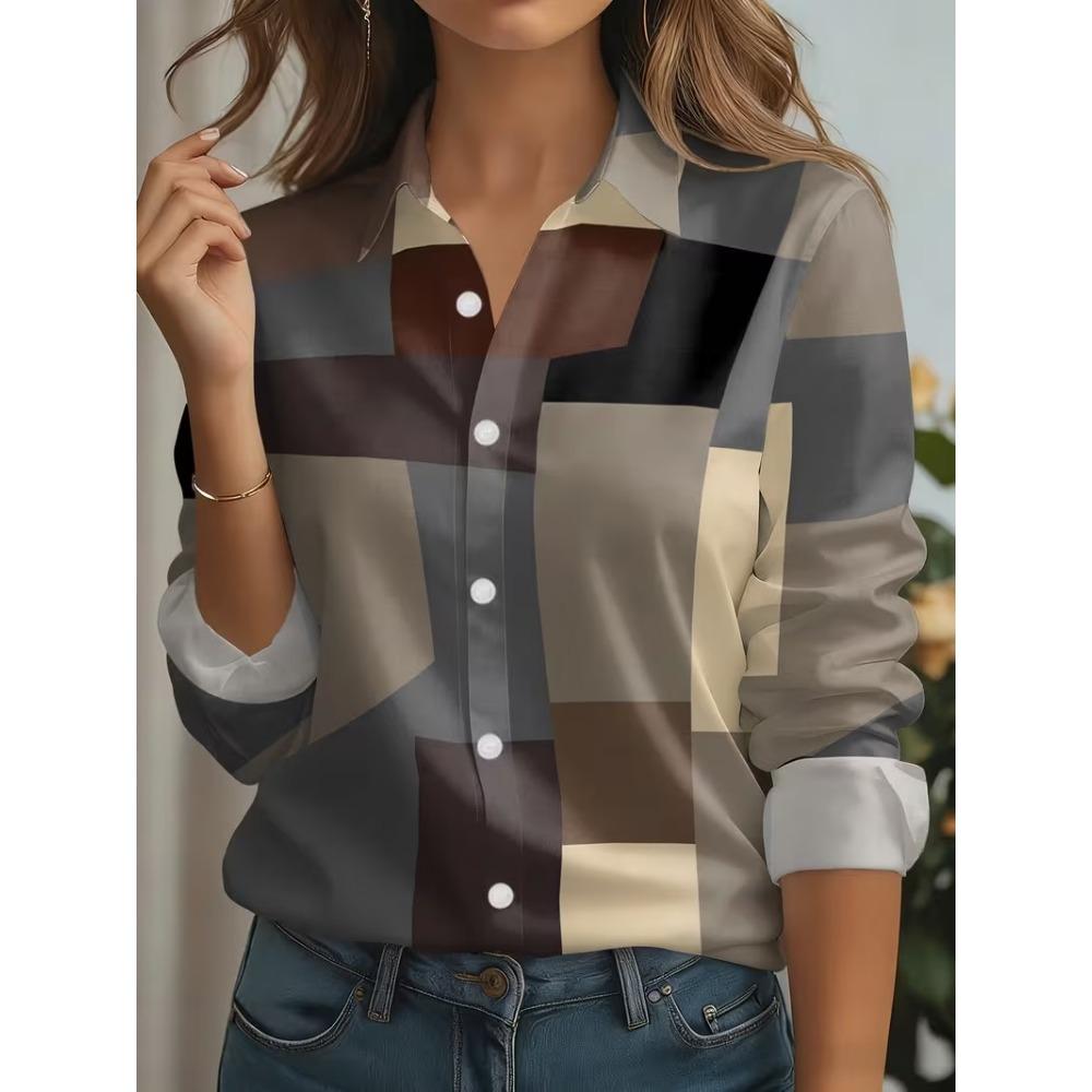 New Spring Autumn Women Blouses Fashion Geometry Striped Pattern Printing Shirt Elegant