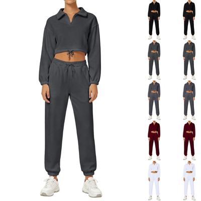 Модный женский однотонный свободный свитшот на молнии со стойкой воротником, повседневный комплект из двух предметов