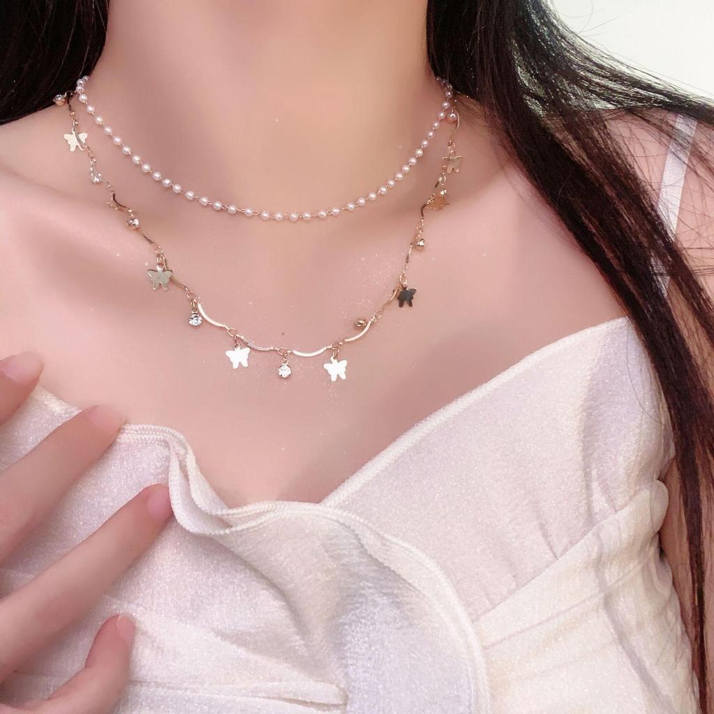 Elegant Double-Layer Butterfly Pearl Necklace with Tassel - Stylish Versatile High-End Choker
