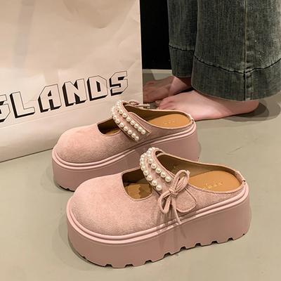 Модная обувь женская 2025 Лоферы с закрытым носком Жемчужная нить Бант-бабочка Домашние тапочки Платформа Роскошные шлепанцы Дизайнерский бант-бабочка