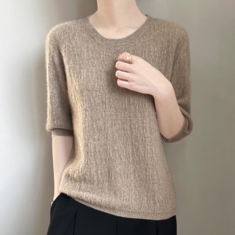 Женский круглый вырез трикотаж весна новый ажурный рукав пять минут свободный пуловер нижняя часть рубашки топы