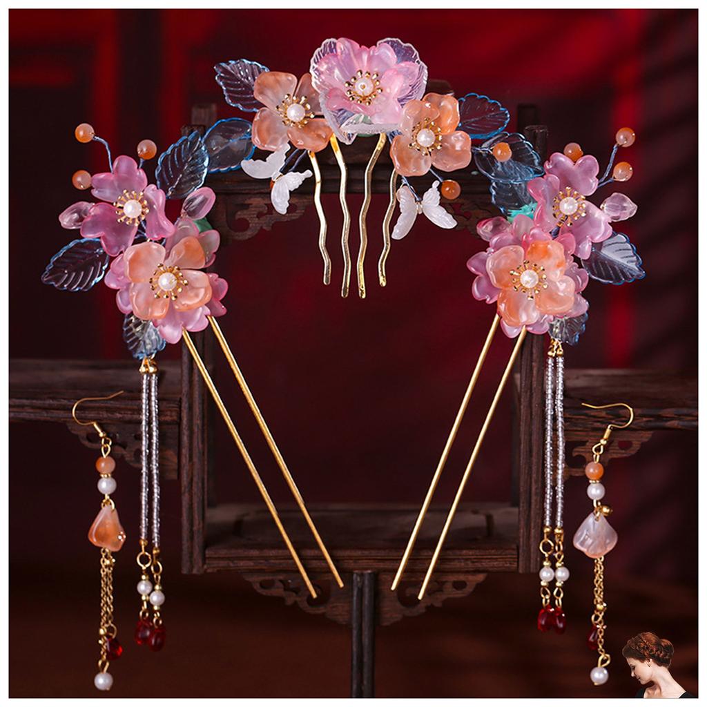 Han Chinese Clothing Hair Crown Hairpin Glazed Flower Decor Crystal Vintage Headpiece for Han Cloth Matching Hair Accessory