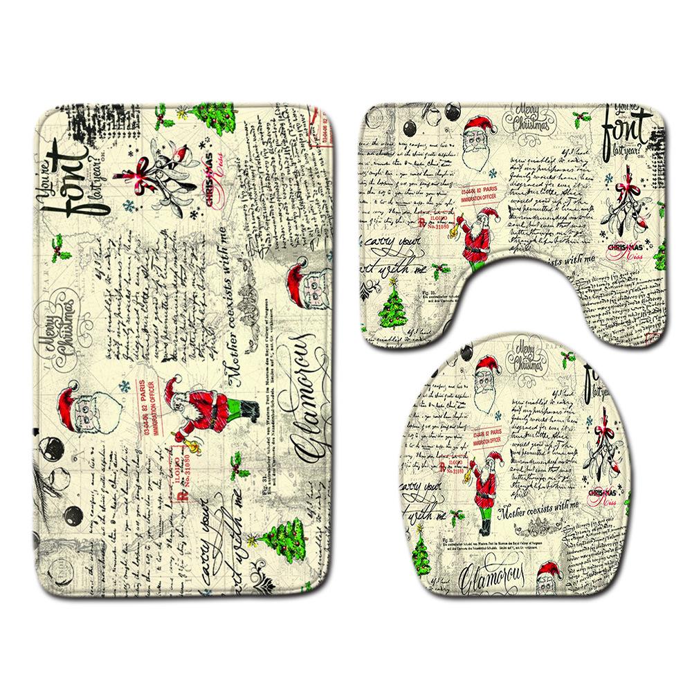Christmas Shower Curtain Floor Mat Combination Four-Piece Set Bathroom Toilet Carpet Shower Room Mat Foot Mat