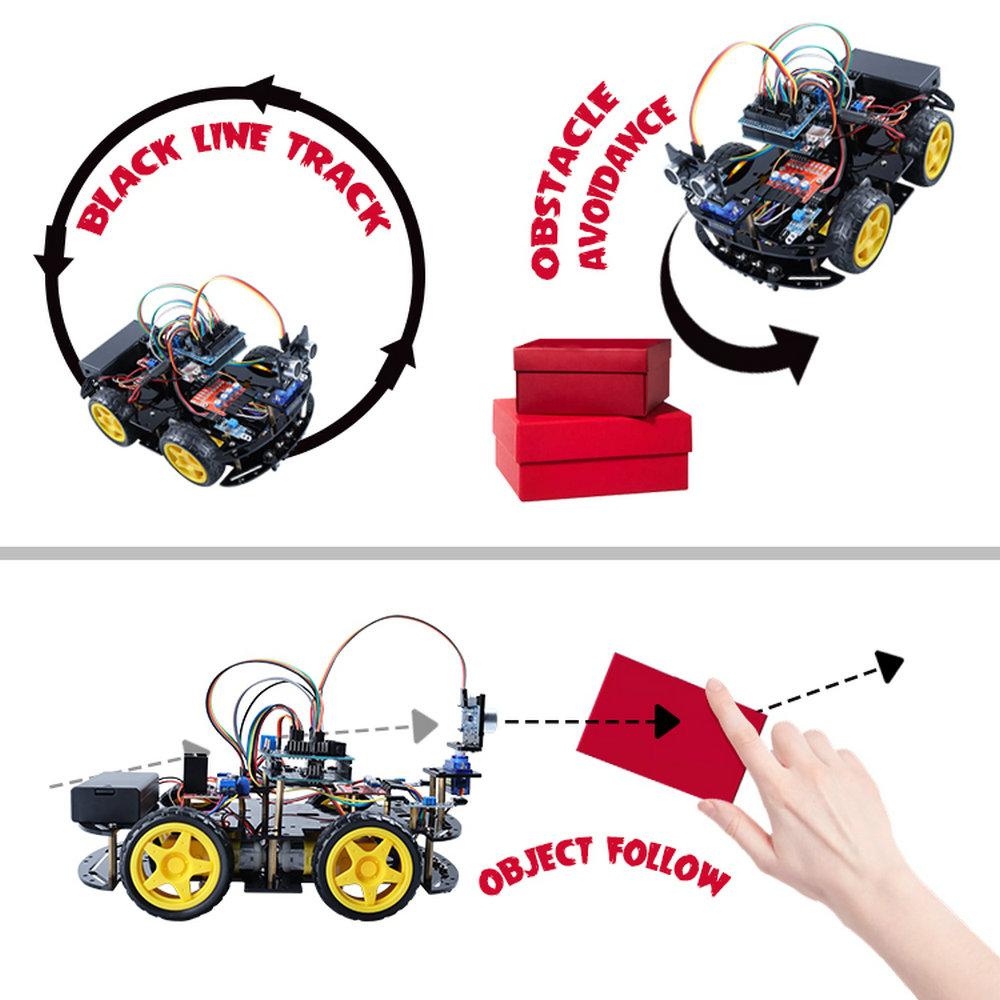 Автомобильные комплекты умных роботов 4WD для Arduino UNO R3 с ультразвуковым датчиком, обновленный сервопривод SG90 V2.0, комплект электронного программирования «сделай сам»