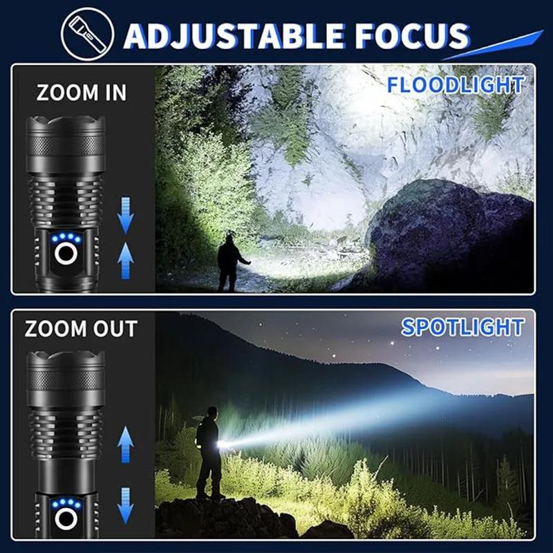 Светодиодный фонарь высокой мощности, перезаряжаемый - Дальнобойный фонарь с телескопическим зумом, яркий фонарь для самообороны для использования на открытом воздухе