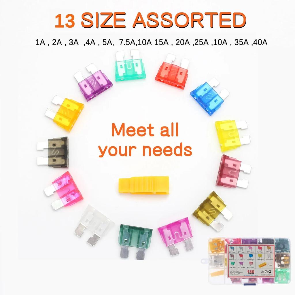 130PCS Car Fuse Blade Fuse Assortment Kit Fuses Automatic Truck Blade Fuse 1A 2A 3A 4A 5A 7.5A 10A 15A 20A 25A 30A 35A 40A