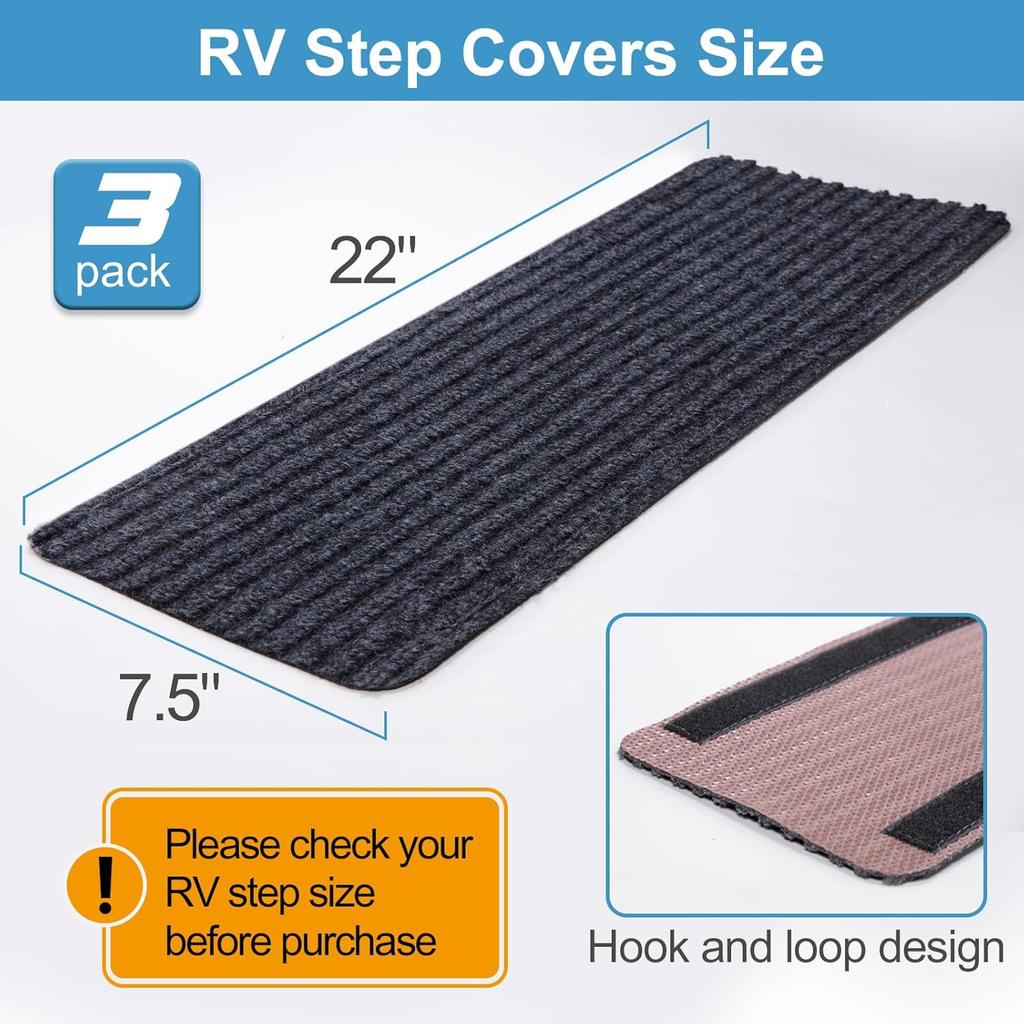 RV Step Covers 3 Pack 22" Wide x 7.5" Deep Camper Step Covers, Non Slip RV Stair Treads for Travel Trailers, Mobile Home, Motorhome (Gray)