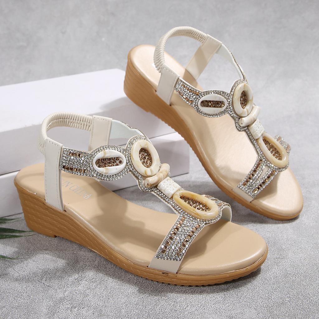 Новая мода Hundred Hundred Hounds Height Increase Women's Retro Ethnical Style Sequins Sandals - Пляжная обувь на каблуке Slope Heel