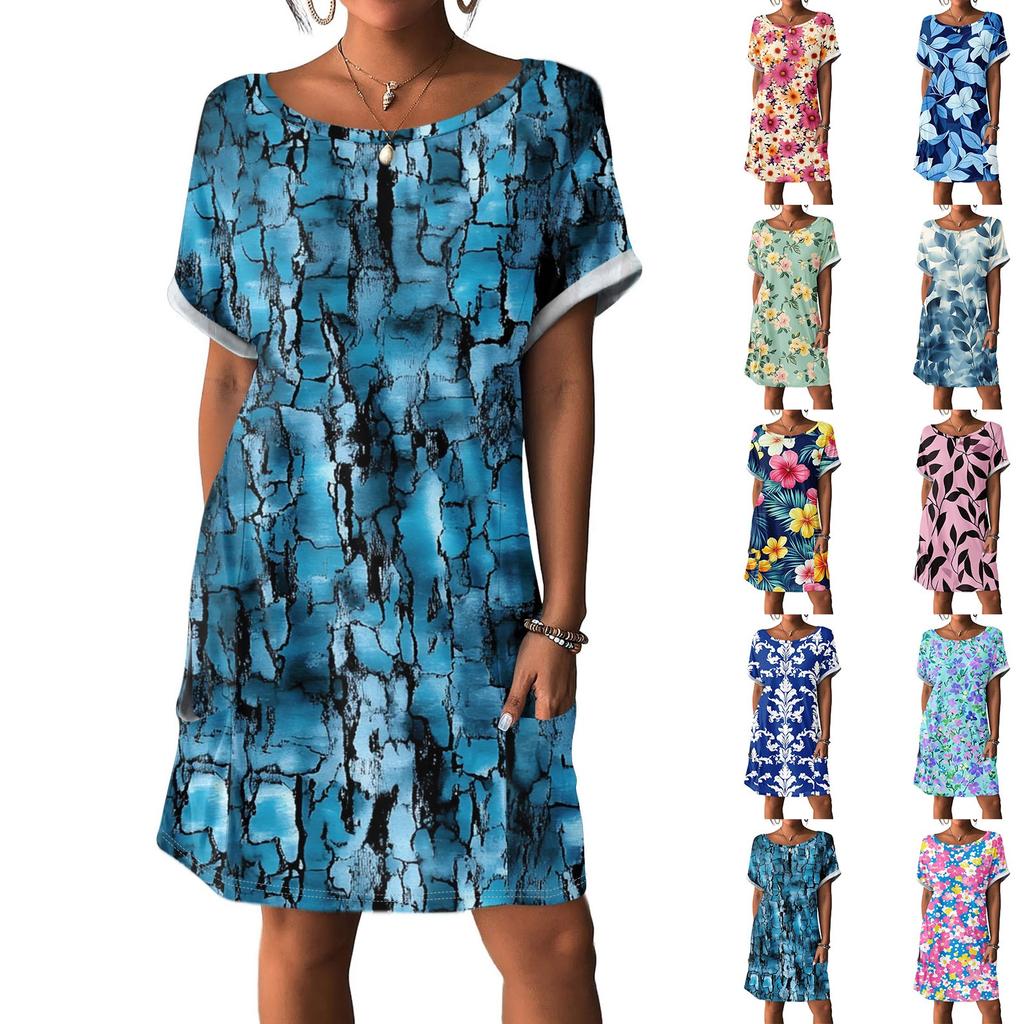 Women's Fashion Short Sleeve Dress With Pockets Floral Print Casual Beach Dress