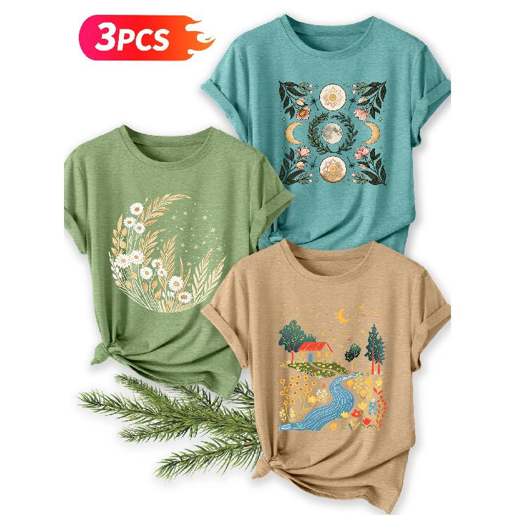 Three-piece set Starry Moon Countryside Scenery Printed Pattern Short Sleeve Vintage Round Neck T Fresh and natural style loose-fitting shirt 2026