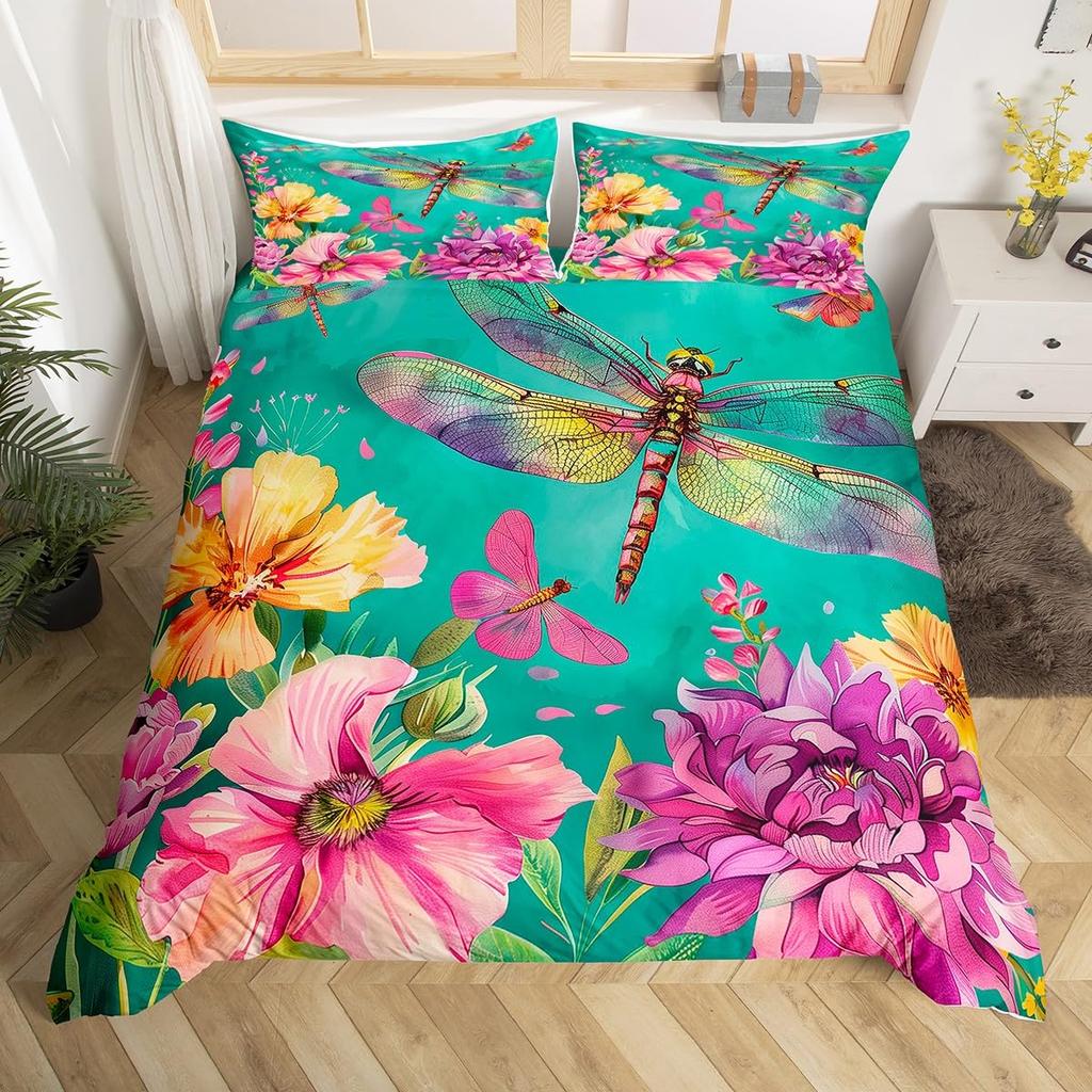 Dragonfly Duvet Cover Queen Botanical Floral Comforter Cover Vintage Style Sunflower Bedding Set Natural Pastoral Spring Decor