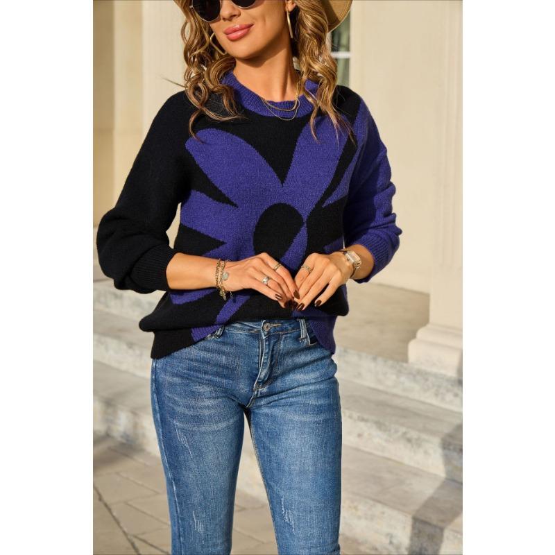 New Large-sized Women's Long-sleeved Floral Patchwork Fashionable and Versatile Knitted Pullover Sweater for Autumn and Winter