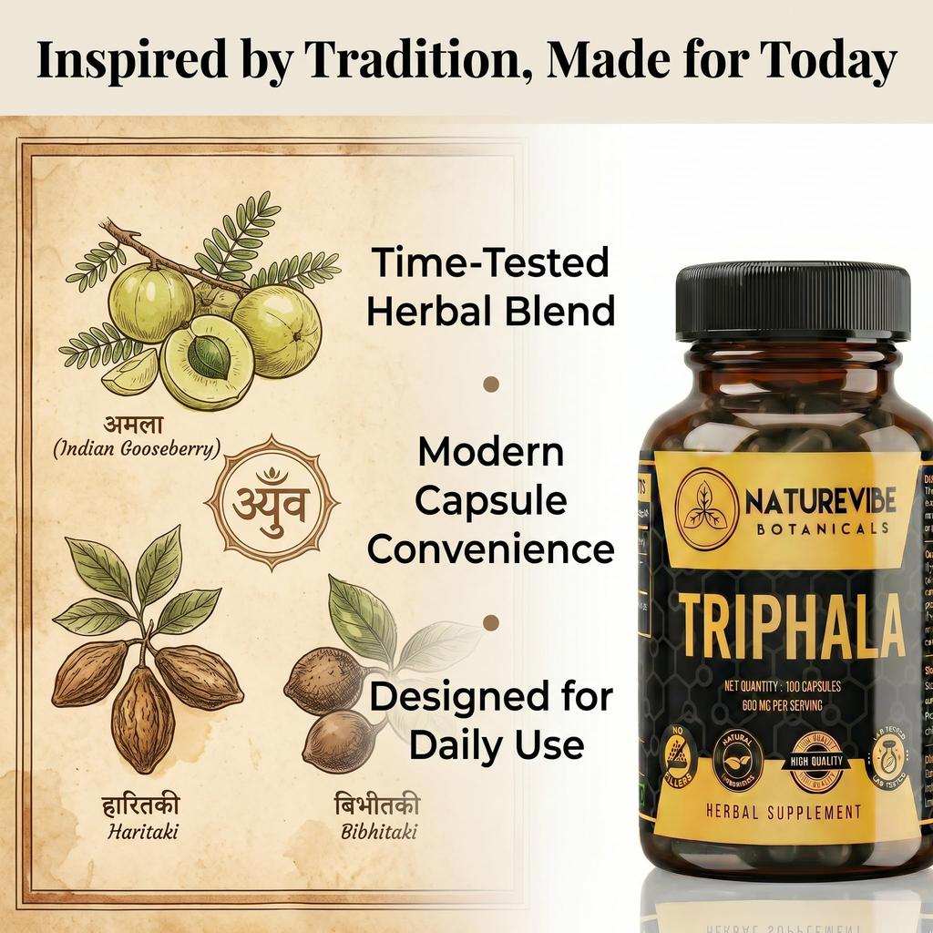 Капсулы Трифала от Naturevibe Botanicals 180 растительных капсул | 660 мг на порцию | Смесь Амлы, Харитаки и Бибхитаки | Аюрведическая травяная добавка