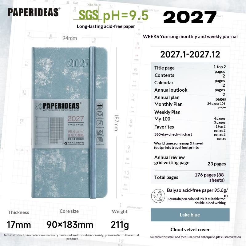 Paperideas Узкий еженедельник 2027 PU Твердая обложка Журнал недель Кислотостойкая бумага Органайзер времени Расписание Руководство