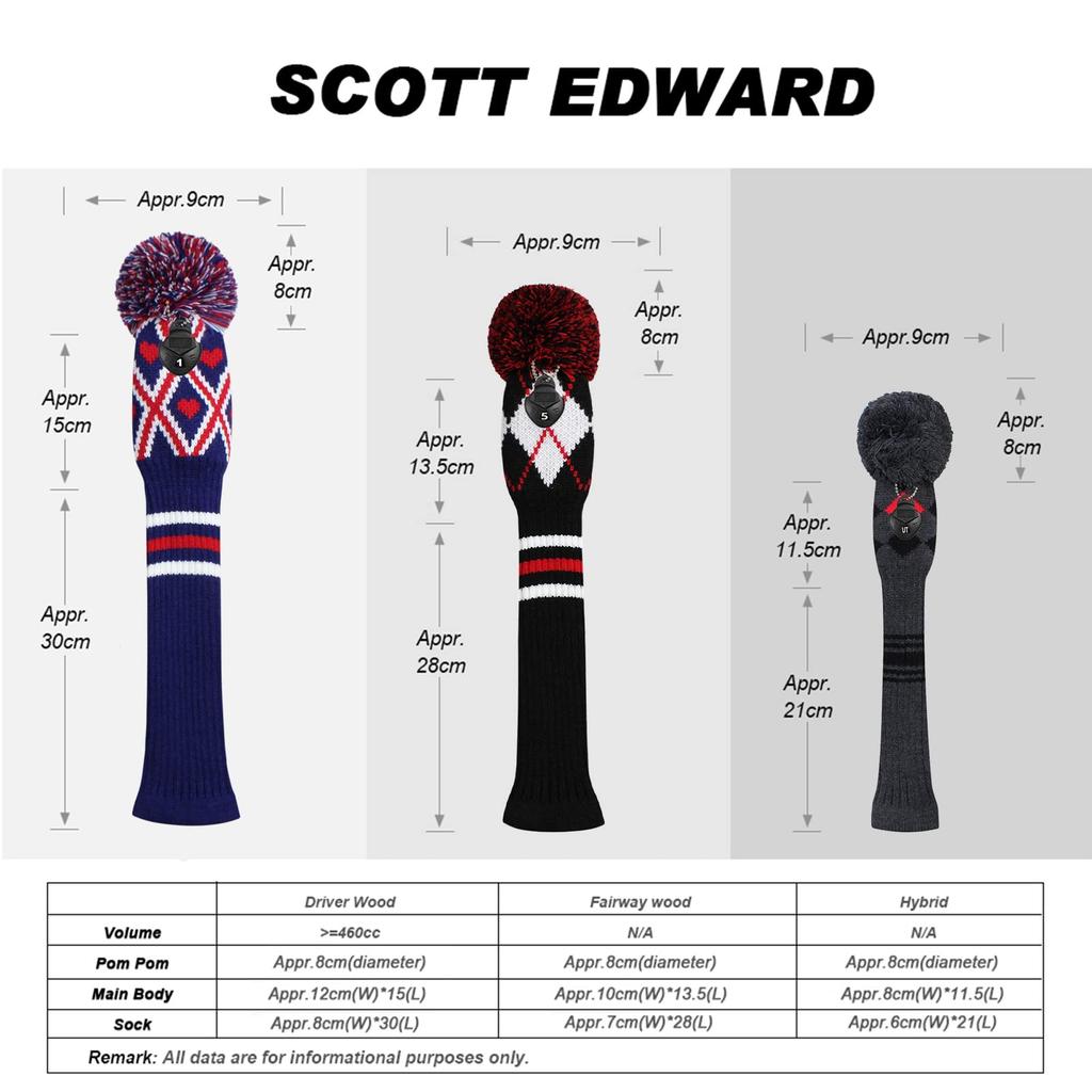 Scott Edward 4 Piece Knit Golf Head Cover Set Handcrafted for Driver and Lane Woods with Long Neck Golf Club Head Covers In a Variety of Colors