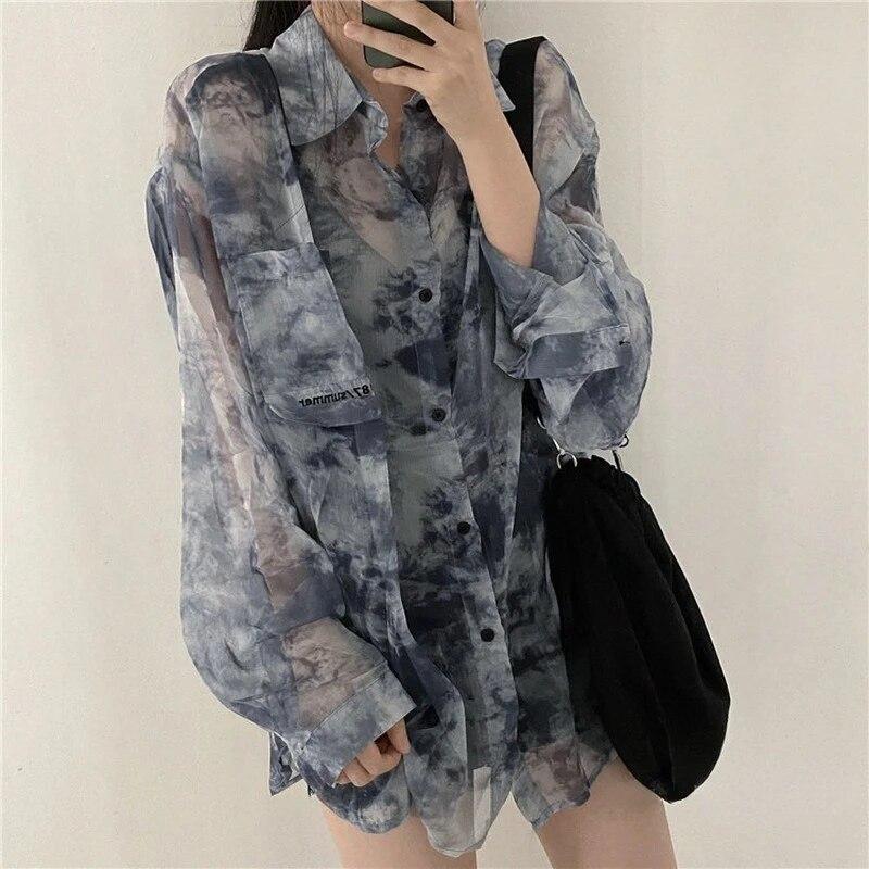 Shirts Women Fashion Tie Dye Harajuku Gothic Top Loose Casual Clothes Sun-proof Embroidery All-match Summer Holiday