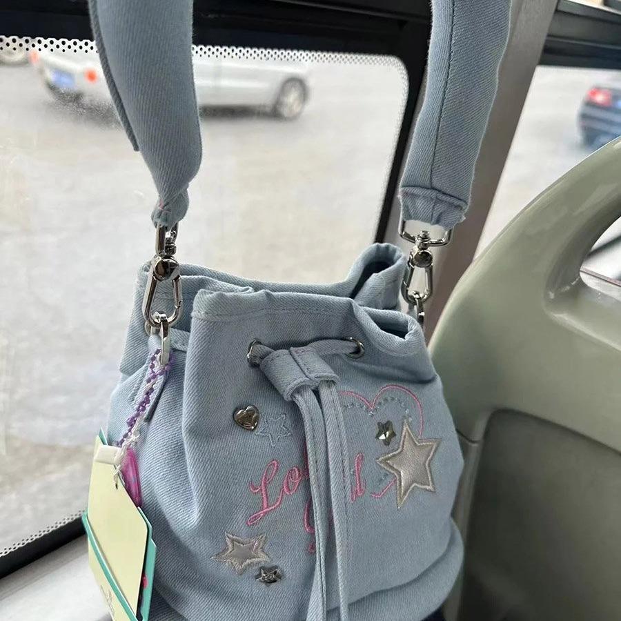 Niche Design Casual Fashion Backpack Denim Bucket Bag Student Universal Drawstring Schoolbag