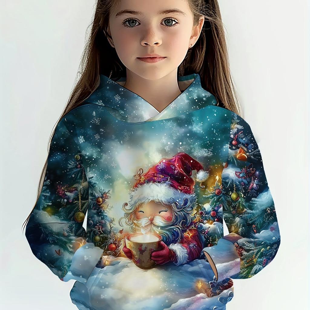 Детская одежда Толстовки с капюшоном для девочек с длинным рукавом 3D-мультяшный рождественский принт Детская весенне-осенняя одежда Повседневная милая уличная одежда для девочек