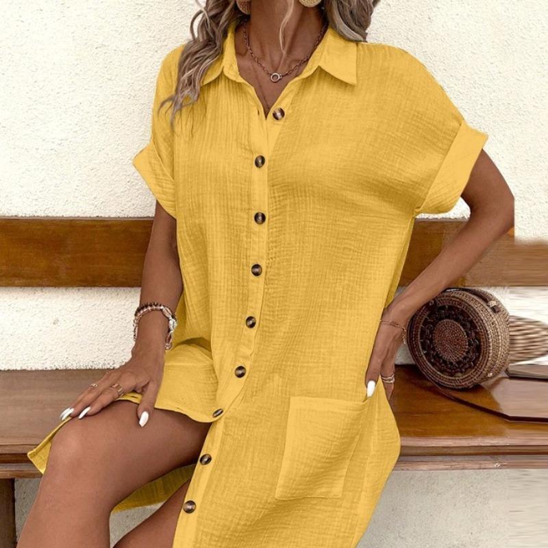 Модное повседневное однотонное свободное повседневное платье с коротким рукавом для женщин, летнее однобортное однотонное платье-рубашка для женщин, однотонные простые элегантные платья с лацканами 26640