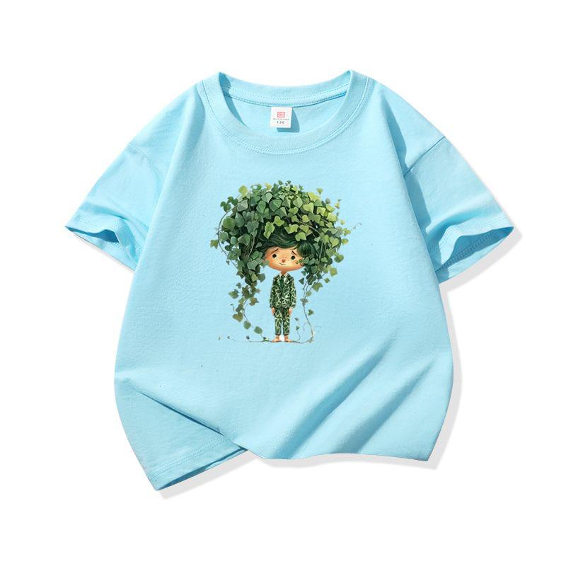 Kids Cotton T Shirt Green Ivy Boy Print Crew Neck Short Sleeve Tee Casual Breathable Boys Girls Summer Tops