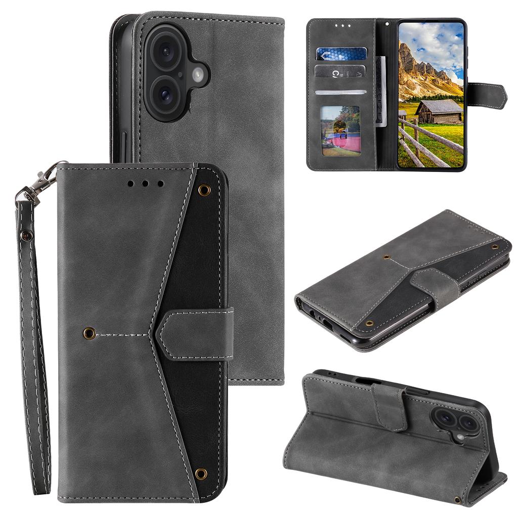 For iPhone 16 Plus Case Splicing Stitching Leather Wallet Phone Cover