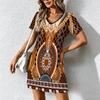 Летняя Мода Женское Платье с V-образным Вырезом, Коротким Рукавом, Ретро Геометрическим Принтом, Сексуальное Короткое Платье