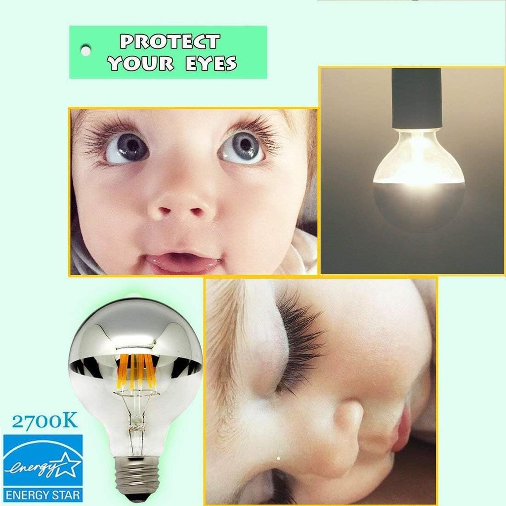 LUXON Half Chrome Light Bulbs,Dimmable,LED Edison Bulbs,Silver Dipped Anti Glare Bulb,Mirror 6W (60W Equivalent) G80/G25 Globe Decorative Light
