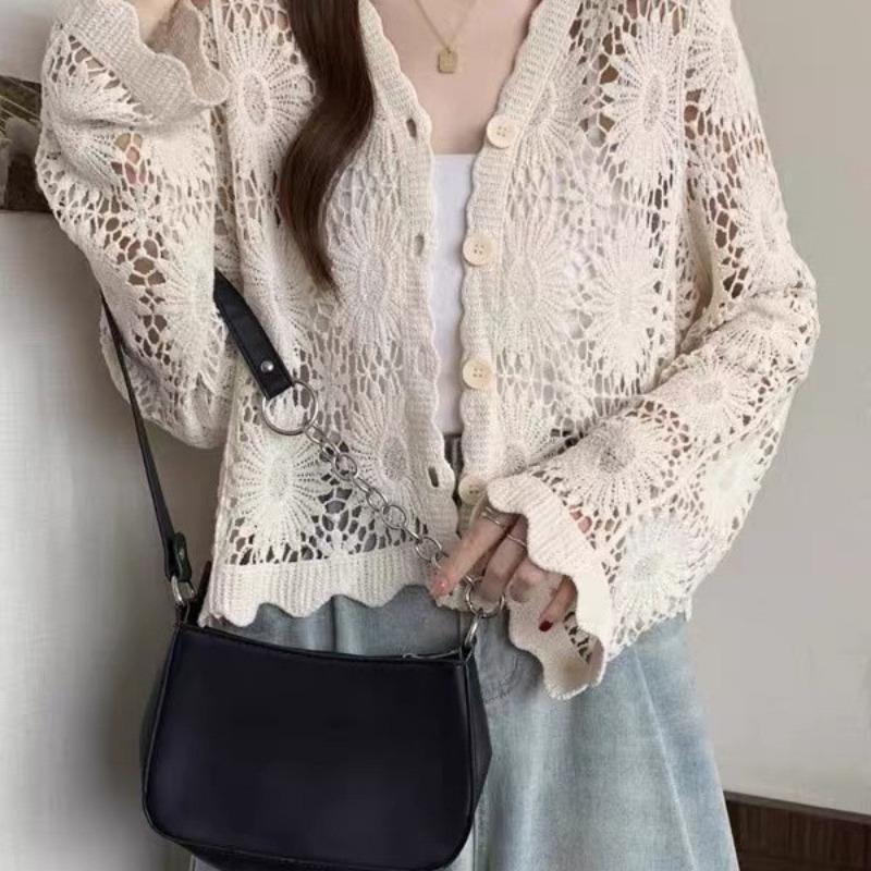Women S Summer V Neck Cutout Thin Knitted Long Sleeve Cardigan