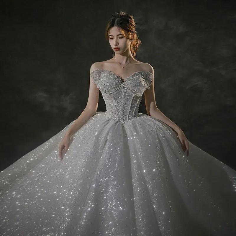 Французский бант Свадебное платье без бретелек - Сверкающее роскошное свадебное платье, Принцесса бальное платье из блестящего тюля с корсетом