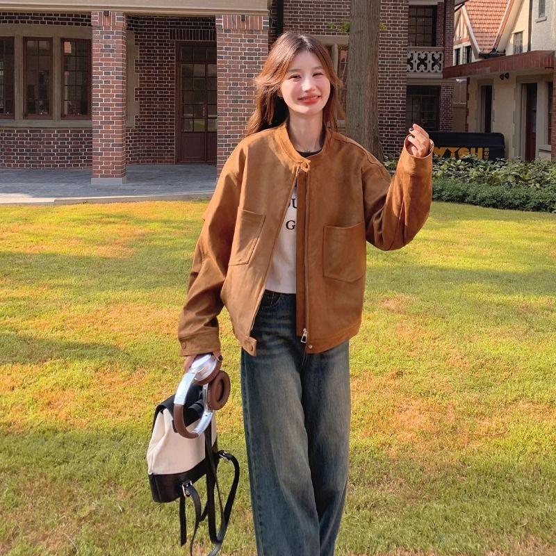 Женская замшевая куртка цвета Майяр Браун в корейском стиле, свободная, повседневная, универсальная, с воротником-стойкой, топ для весны и осени