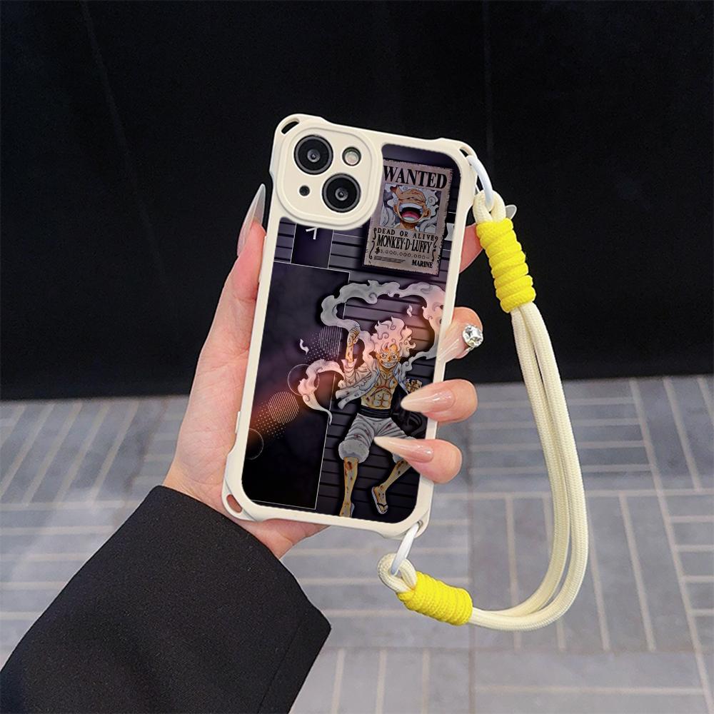 Мягкие чехлы для телефонов Ae92 One Piece Luffy Gear 5 для iPhone 16 15 14 13 12 11 Pro Max 7 8 Plus XR XS с ремешком на запястье, защитным шнурком для углов, задняя крышка