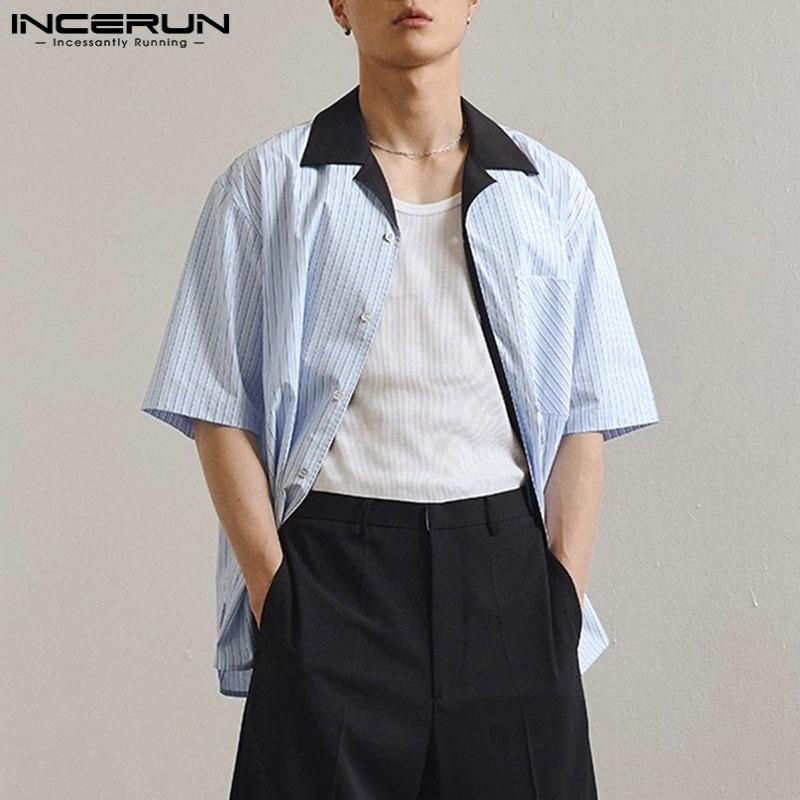 INCERUN Мужские летние свободные рубашки с коротким рукавом в полоску с пуговицами в стиле пэчворк, повседневные рубашки, топы