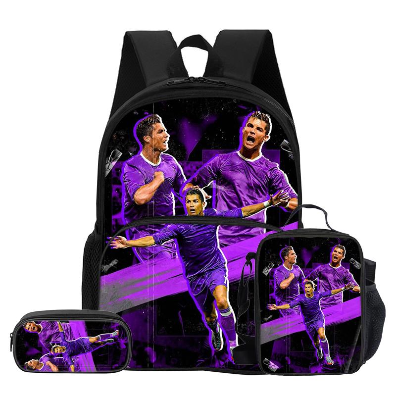 Набор из 3 предметов: Рюкзак Ronaldo с передним карманом, Термосумка-ланч-бокс, Пенал CR, Рюкзак Футбольной Звезды