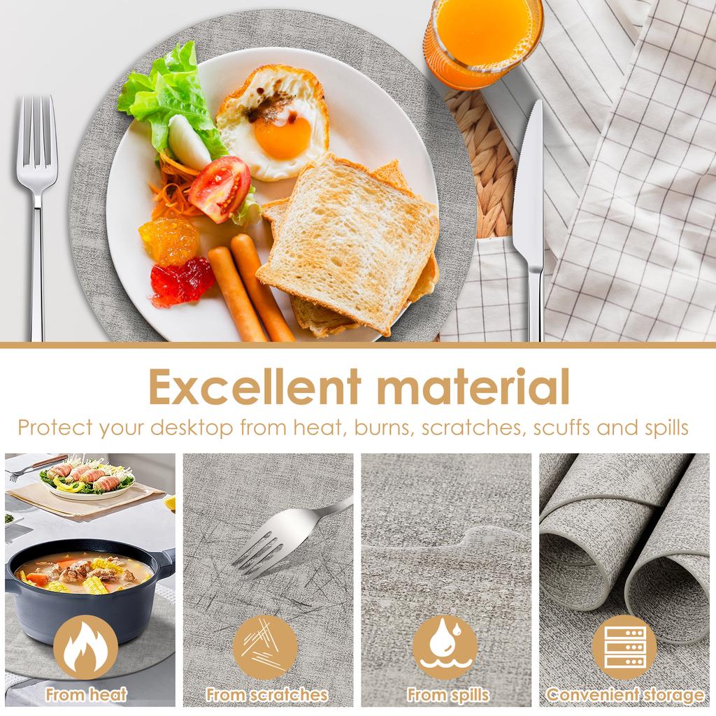 6Pcs Round Placemats Reversible Table Mats Heat Resistant Place Mats Waterproof Table Place Mats for Indoor and Outdoor Use