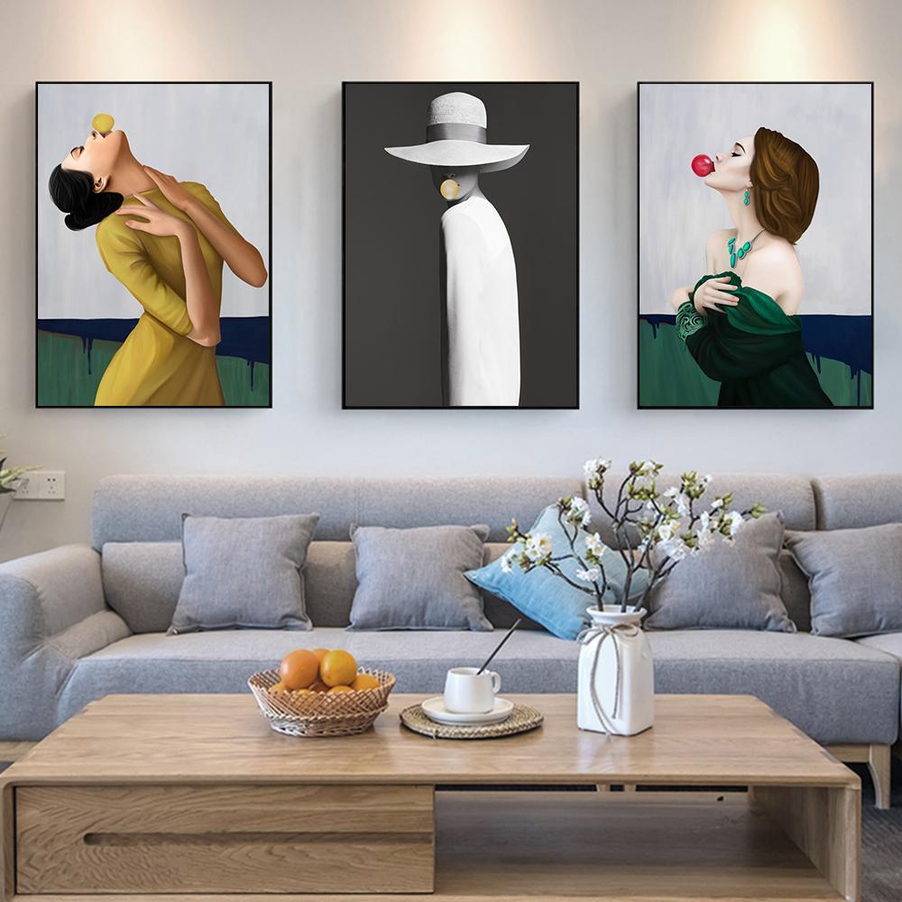 Модный постер с пузырьками, женщина в шляпе, скандинавский портрет, холст, картина, домашний декор, настенное искусство, 3 шт., поп-картины для украшения гостиной