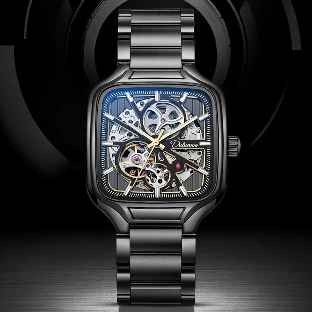 Dulunwe Квадратный циферблат светящиеся автоматические механические часы скелетон часы мужские модные наручные часы из нержавеющей стали