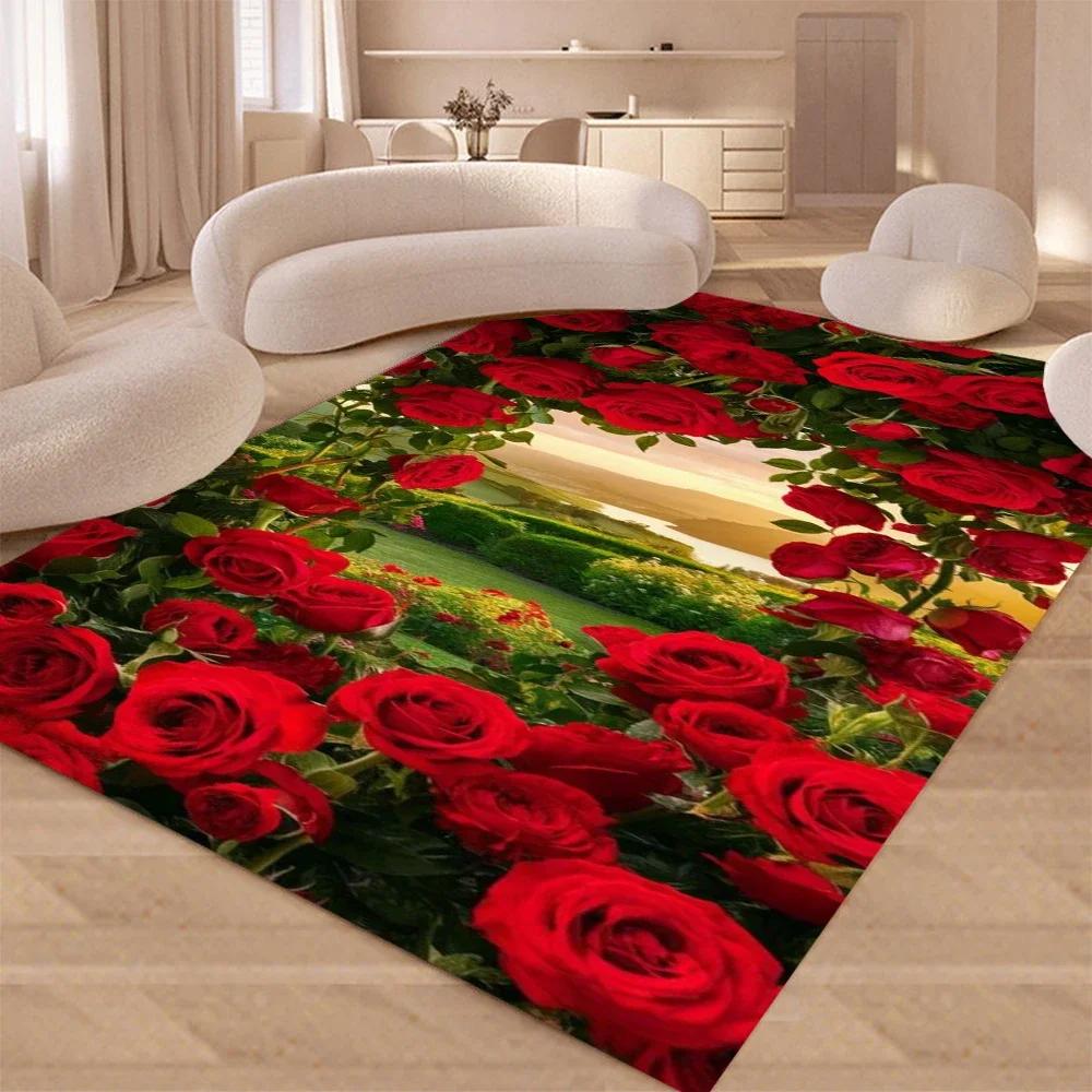 Красный ковер с розами для дома, гостиной, спальни, под диван, придверный коврик, декор, коврик для игровой зоны детей, напольный коврик, подарок
